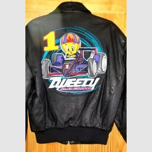 Tweety Racing Black Leather Bomber Jacket Medium